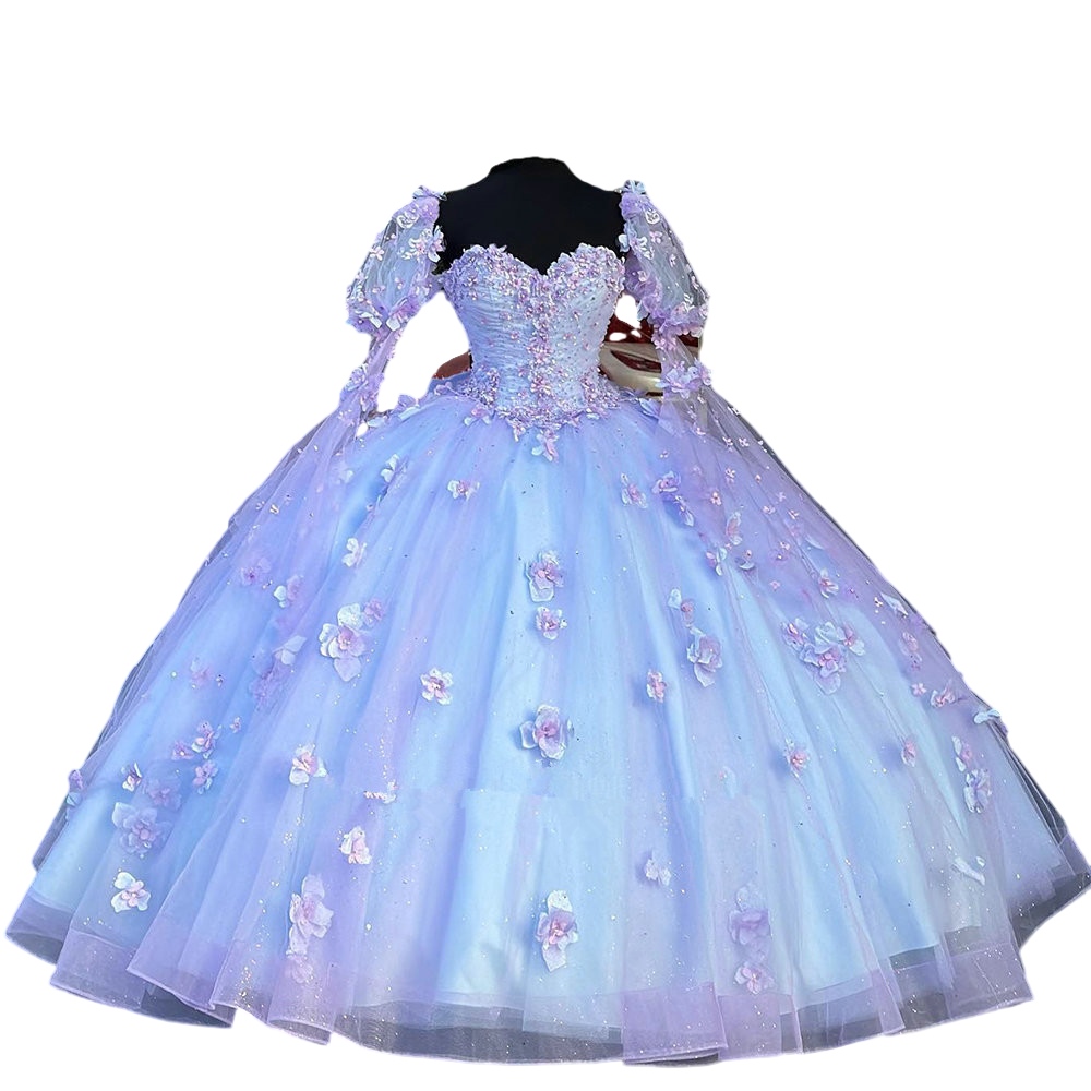 Lilac lavender 3D Flowers princess Quinceanera Dresses Detachable Sleeve Crystal Beading lace-up Corset Vestidos De Quinceanera