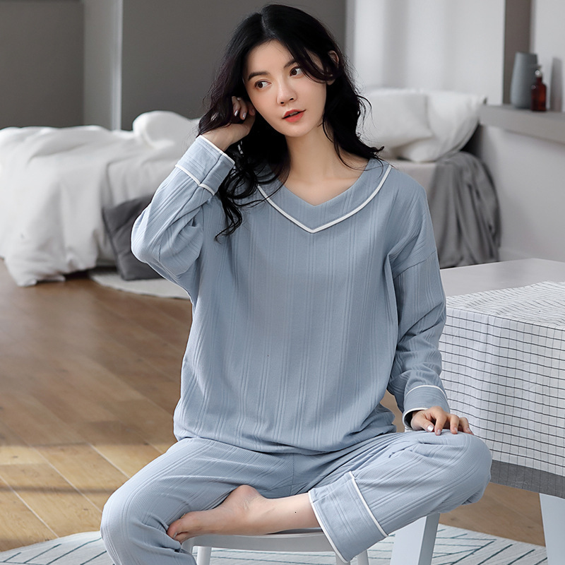Women's Sleepwear M-5XL Casual Plus Size Full Cotton Pajamas Women Autumn Winter Pyjamas Suit Female Long Sleeve Loose V Neck Sleepwear Set 23030
