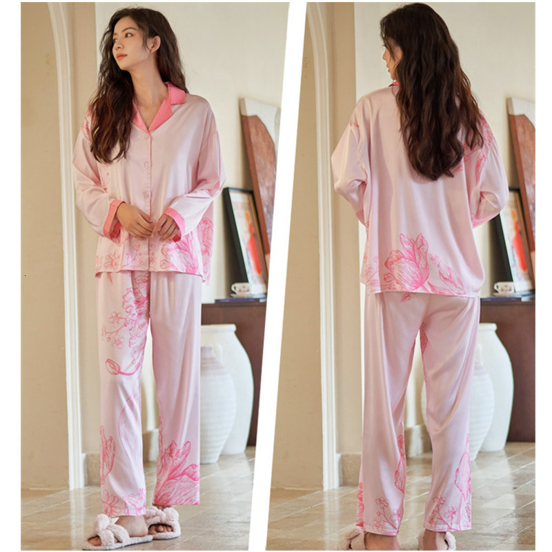 Women's Sleepwear QSROCIO High Quality Women's Pajamas Set Floral Print Faux Silk Nightie Pink Homewear Leisure Simple Sleepwear Loungewear 