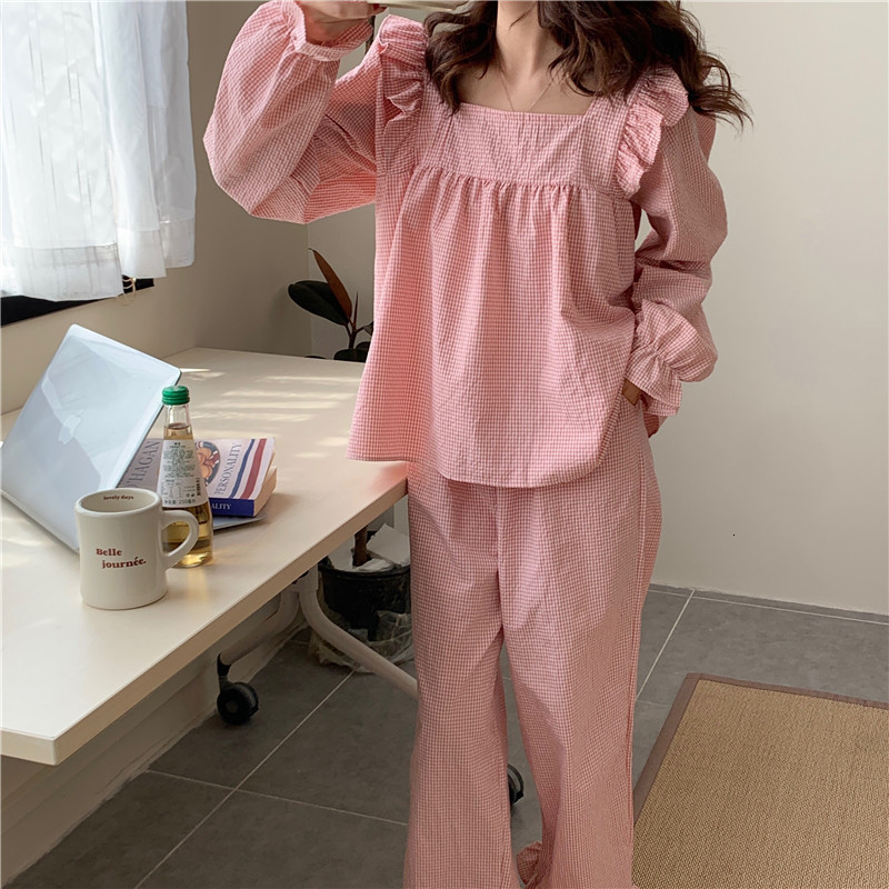 Women's Sleepwear Pajama Set Plaid Homewear Two Piece Set Women Sleepwear Long Sleeve Tops Pants Pyjama Loose Korean Ladies Home Suit Ruffles 230