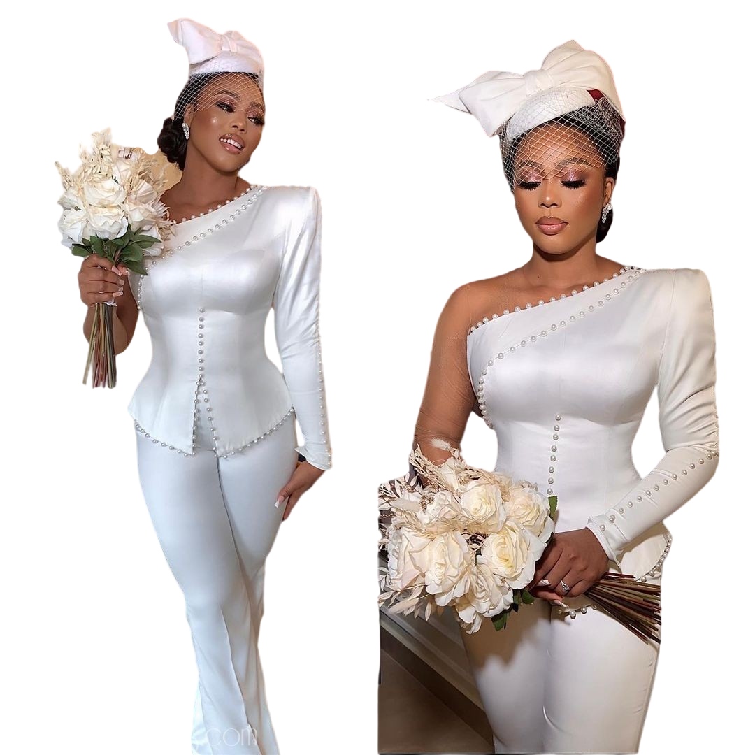 Aso Ebie Jumpsuit a-line wedding dresses 2023 One Shoulder Black Girls bridal gown With pant suit Pearls Chic Robe De Mariee