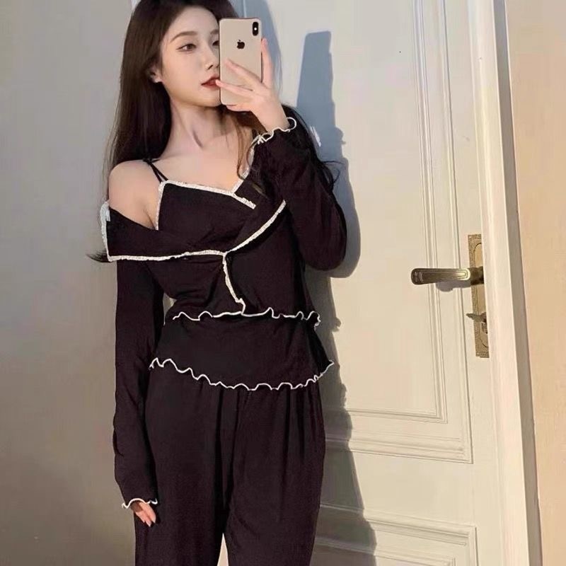Women's Sleepwear Sexy Lace Spring Pajama 3 Piece Sets Women Plus Size M-3XL Chic Elegant Tender Patchwork Long Sleeve Pockets Sleepwear Soft 230