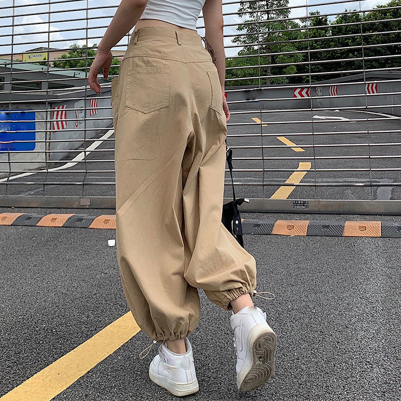 Women's Pants Capris Lucyever Fashion High Waist Cargo Pants Women Khaki Adjustable Waist Drawstring Wide Leg Pants Streetwear Hip Hop Trousers 2