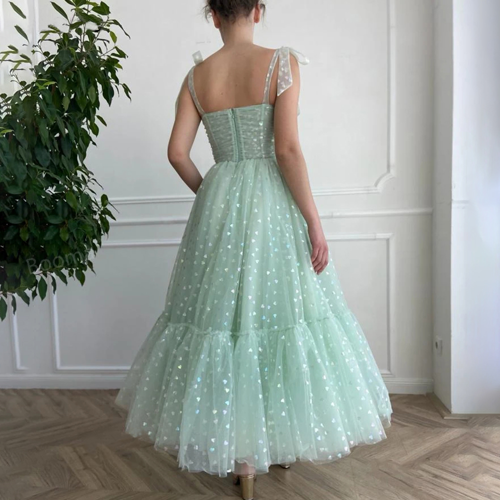 Mint Green Hearty Dresses Tied Bow Straps Sweetheart Midi Prom Gowns Pockets Tea-Length Evening Party Dress