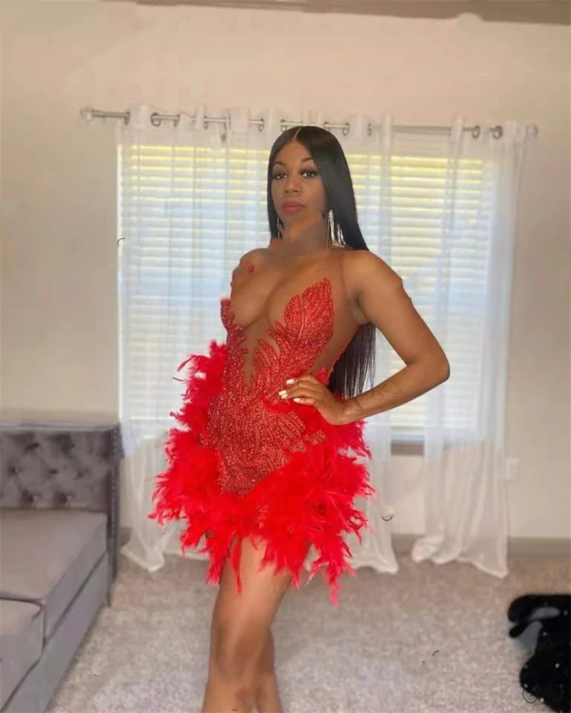 Sexy Red Sheer O Neck Short Prom Dress For Black Girls Beaded Birthday Party Dresses Feathers Mini Tail Homecoming Robe