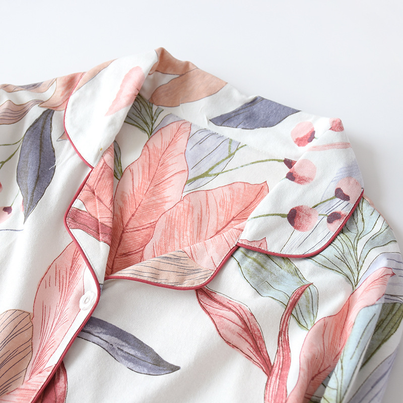 Women's Sleepwear ladies spring and autumn cotton pajamas two-piece set of plant flowers plus size long-sleeved cardigan home service set 230309