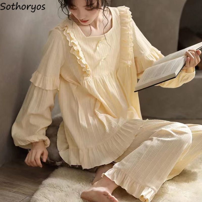 Women's Sleepwear Pajama Sets Women Pure Color Female Fashion Sweet Style Preppy Simple Sleepwear Autumn Basic Lovely Homewear Long Sleeve Mujer 