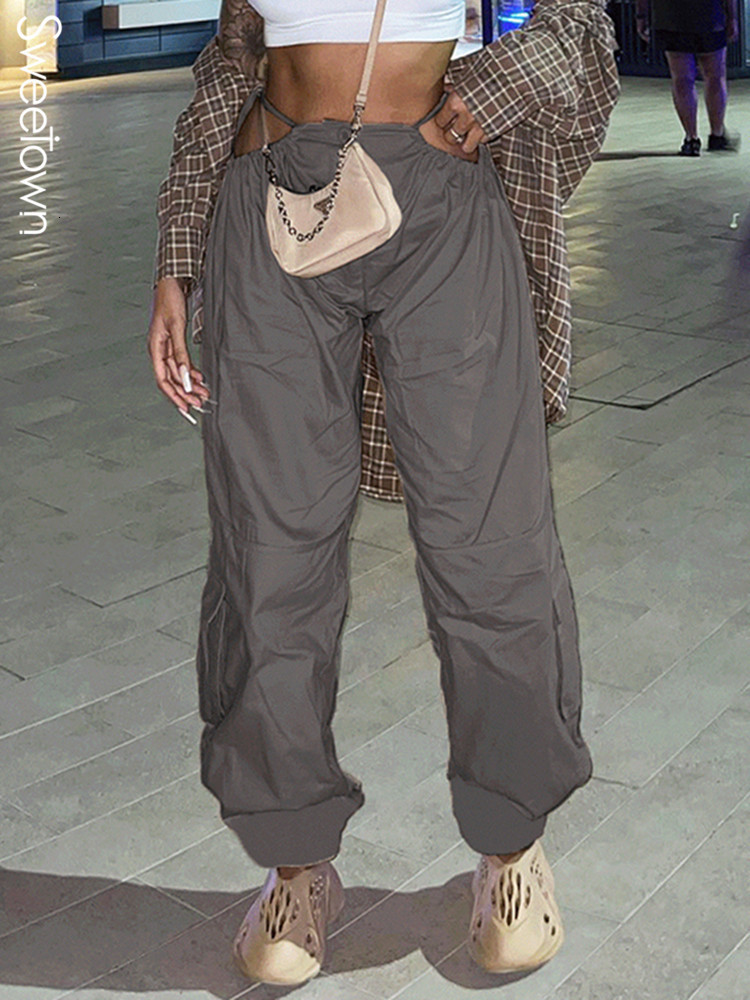 Women's Pants Capris Sweetown Cut Out Low Waist Bandage Hippie Joggers Women Y2K Streetwear High Street Baggy Cargo Pants Korean Fashion Techwear