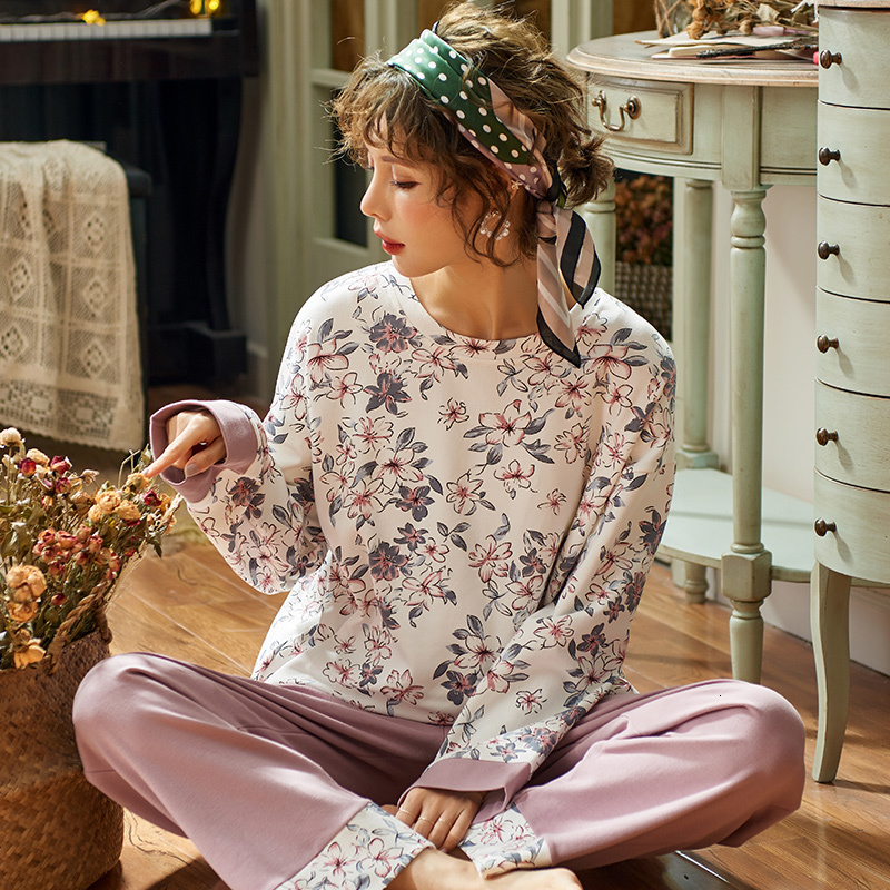 Women's Sleepwear Autumn 100%Cotton Women Pajamas Long Sleeve Women's Pajama Set Print M-5XL Pijama Long TopsLong Pants Two Piece Set Pyjama