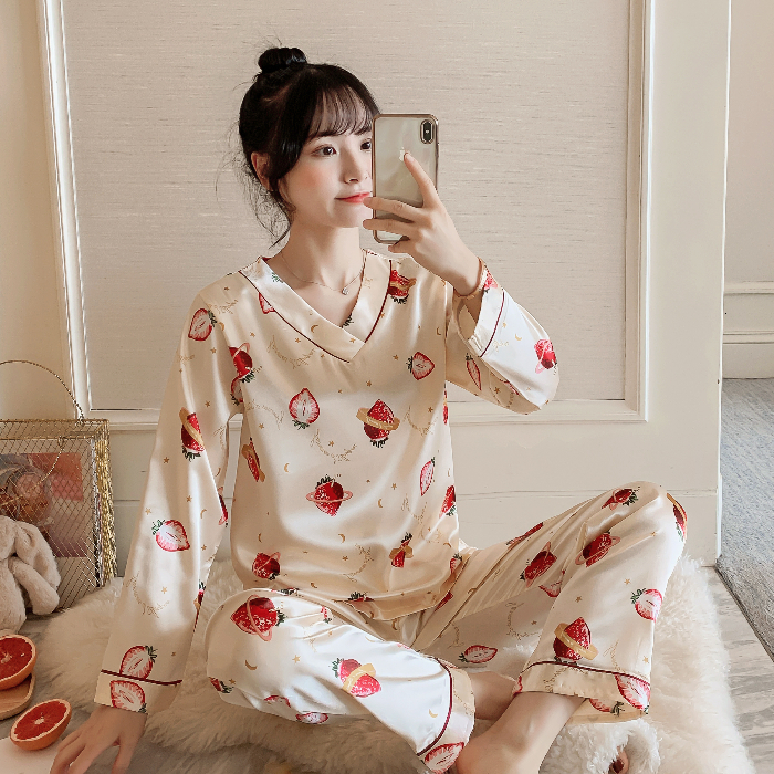 Women's Sleepwear Long Sleeve Silk Pajamas Sets For Women Autumn Satin Sleepwear Pyjamas Nightwear Set Young Girl Pijama Set femme V-neck homewea