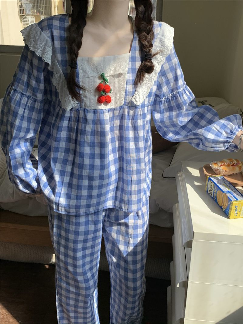 Women's Sleepwear Plaid Pajamas Set Cute Sleepwear For Women Soft Pyjama Women's Fashion Full-sleeve Princess Lace Homewear Plus Size 230309