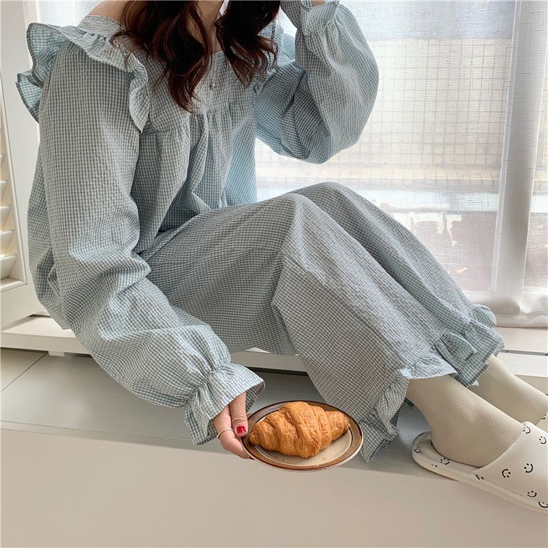 Women's Sleepwear Pajama Sets Women Plaid Harajuku Schoolgirl Sweet Style Autumn Simple Sleepwear Square Collar Ins Lovely Nightwear Daily 230309