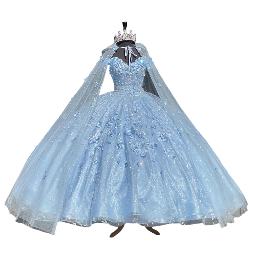 Sky Blue Cinderella Quinceanera Dresses with Cape Appliques 3D Floral Off Shoulder Lace-up Corset vestidos de 15 quinceaNera