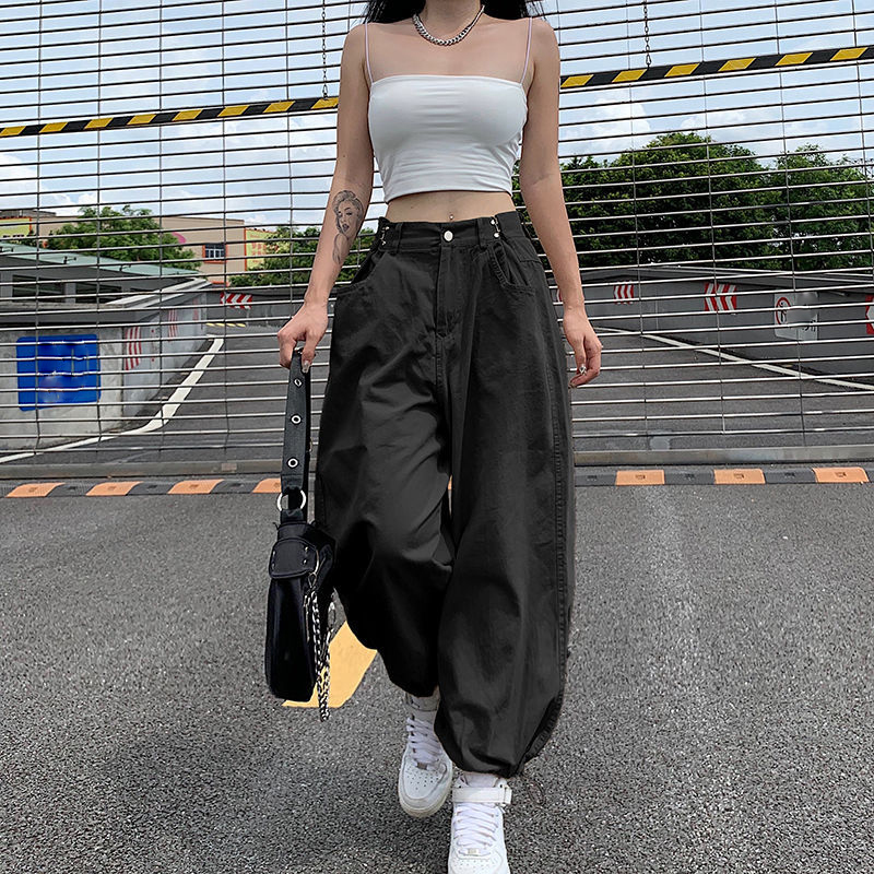 Women's Pants Capris Lucyever Fashion High Waist Cargo Pants Women Khaki Adjustable Waist Drawstring Wide Leg Pants Streetwear Hip Hop Trousers 2