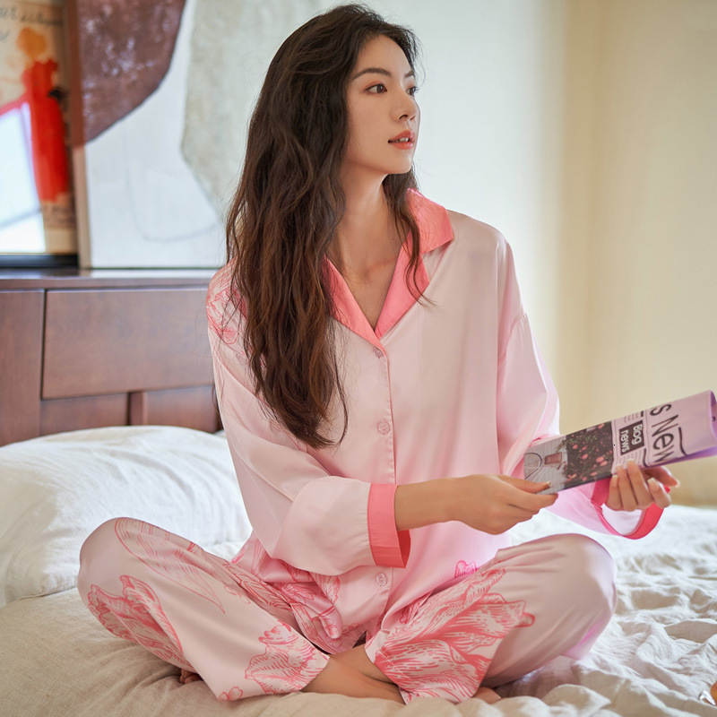 Women's Sleepwear QSROCIO High Quality Women's Pajamas Set Floral Print Faux Silk Nightie Pink Homewear Leisure Simple Sleepwear Loungewear 