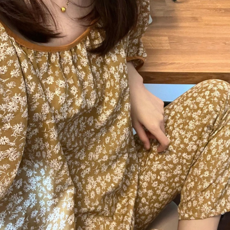 Women's Sleepwear Pajama Sets Women Vintage French Style Casual Chic Comfortable Ladies O-neck Sleepwear Print Soft Ins Autumn Basic Lounge Daily