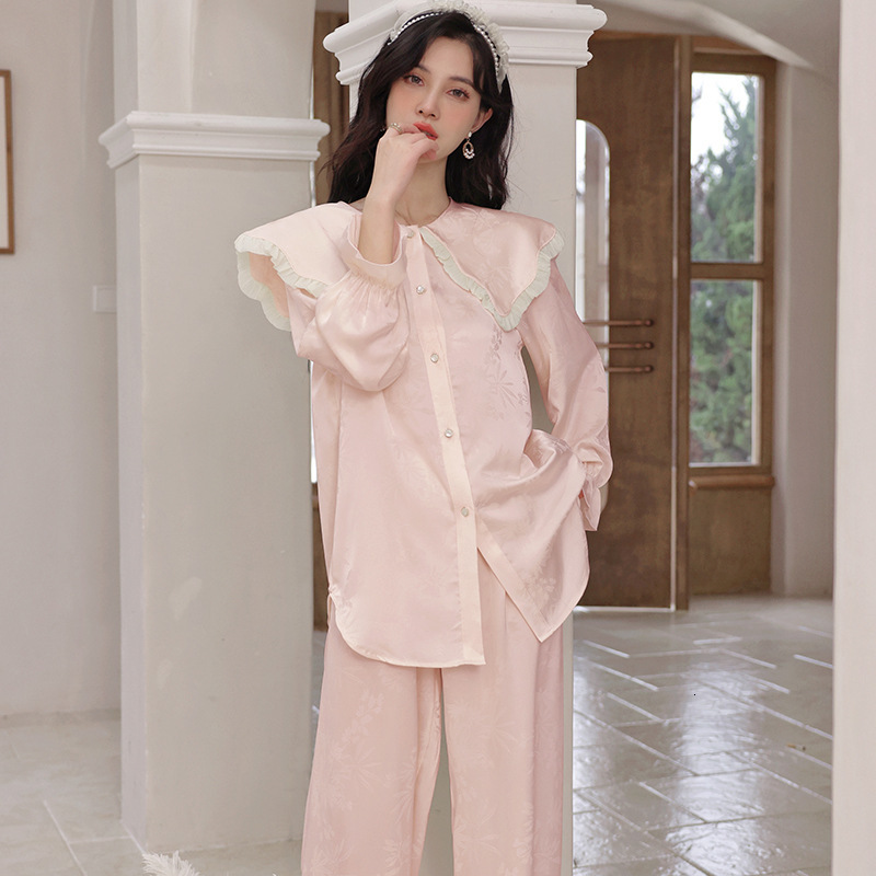 Women's Sleepwear CRLAYDK in Women's Pajamas Jacquard Ruffle Large Collar Cute Loungwear Soft Silk Long Sleeve Sleepwear Button Down Nightwe