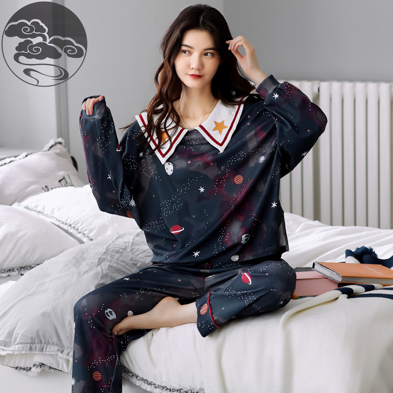 Women's Sleepwear Spring Autumn Knitted Cotton Women's Sleep Lounge Pajama Long Sleeved Woman Pajama Set Cartoon Pyjamas Sleepwear M-XXXL Fa