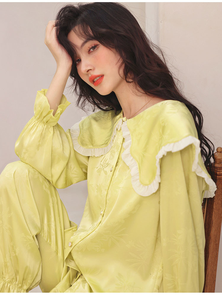 Women's Sleepwear CRLAYDK in Women's Pajamas Jacquard Ruffle Large Collar Cute Loungwear Soft Silk Long Sleeve Sleepwear Button Down Nightwe