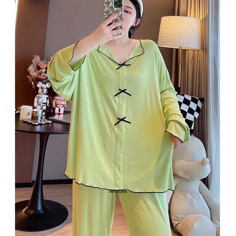 Women's Sleepwear Large Size 6XL 150KG Autumn Women 2pcs Pajama Sets Pyjama Sleepwear Long Sleeve Large Size Full Sleepwear Clothess Sleep Tops 2