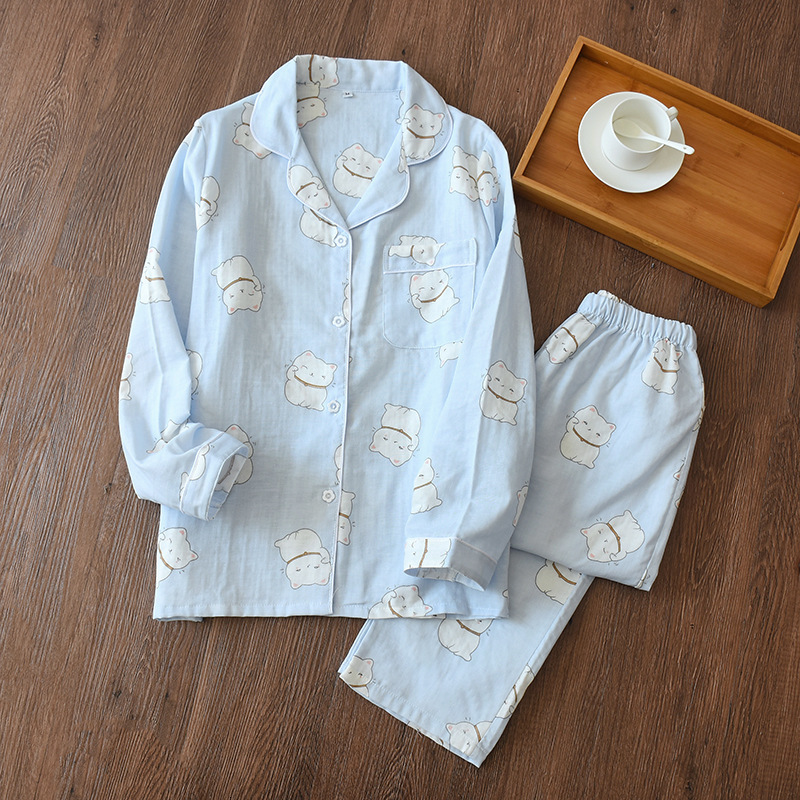 Women's Sleepwear Fresh pajamas sets women 100% gauze cotton Japanese simple maple leaves long sleeve casual sleepwear women pyjamas 230309