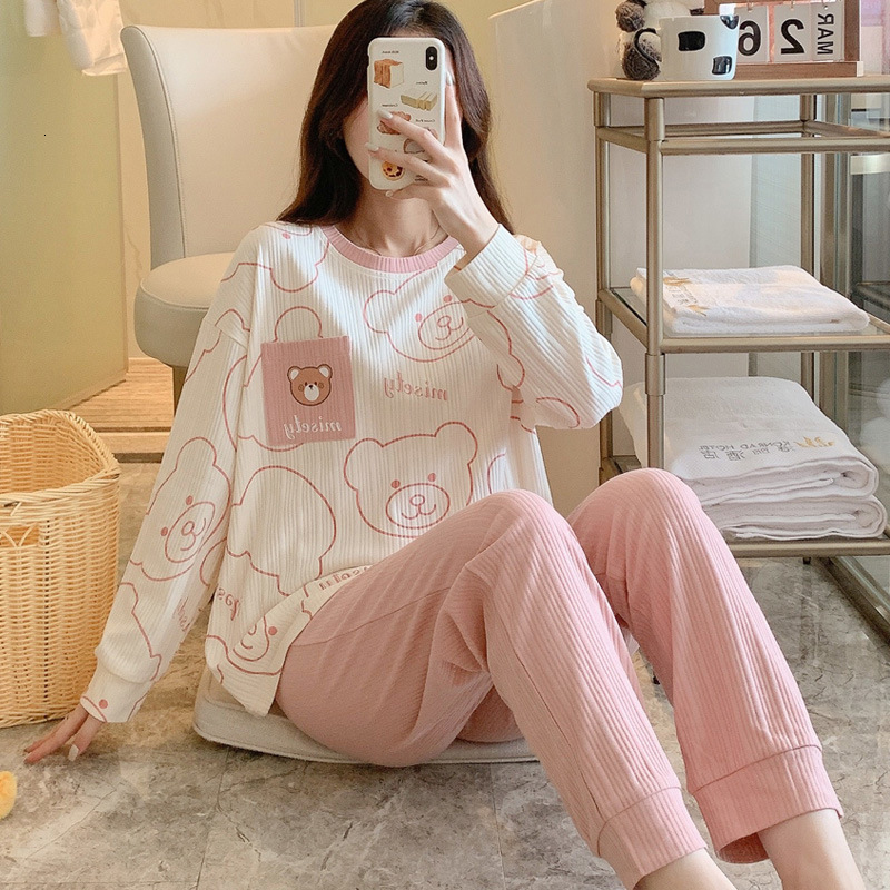 Women's Sleepwear womens Pajamas Set Autumn Winter Thicken Cotton Pyjamas Women Cartoon Pijama Pattern Pajamas Set Thin Pijama Mujer Sleepwear 23