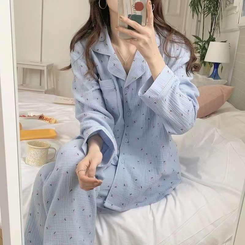 Women's Sleepwear Korean Pajama Mujer Floral Sweet Heart Print Cotton Yarn Sleepwear Set Long Sleeve Cardigan Homewear Skin-Friendly Breathable 2