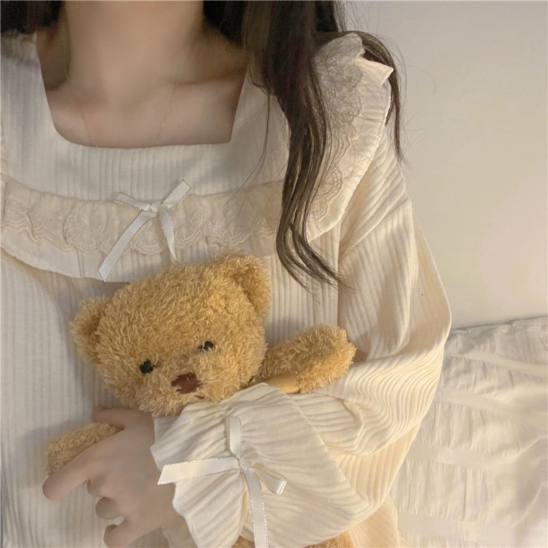 Women's Sleepwear Women Pajama Sets Autumn Lace Square Collar Sleepwear Princess Long Sleeve Ruffles Pyjamas Lounge Student Sweet Outwear Two Pcs