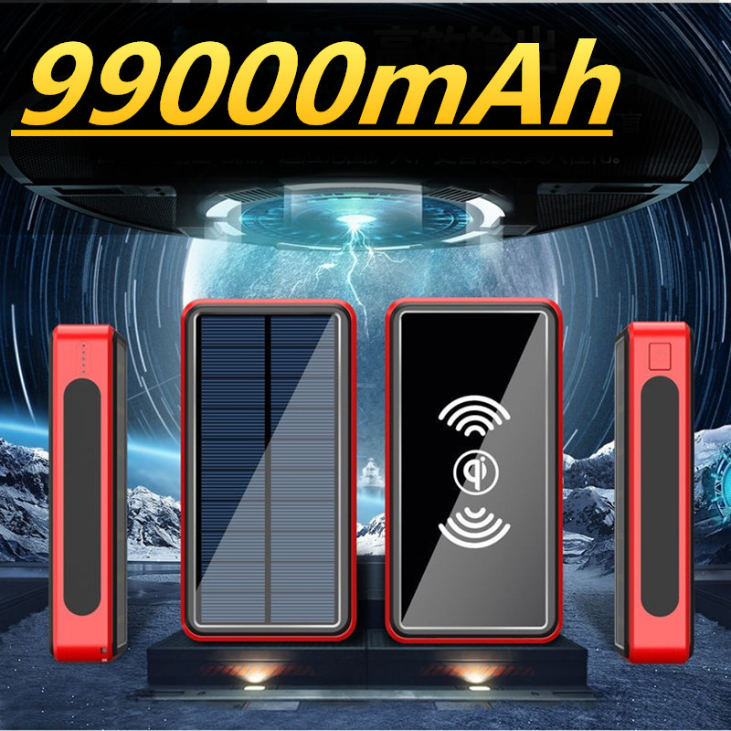 99000mAh Solar Power Bank Phone Portable Fast Charger With LED Light USB Ports External Battery For iPhone 12Pro Xiaomi Huawei