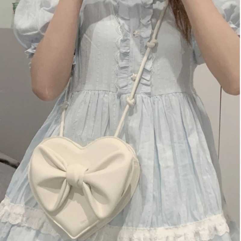 Shoulder Bags Cute White Heart Female Harajuku Kawaii Small Bowknot Crossbody Women Cell Phone Purse Womens Pouch 230309