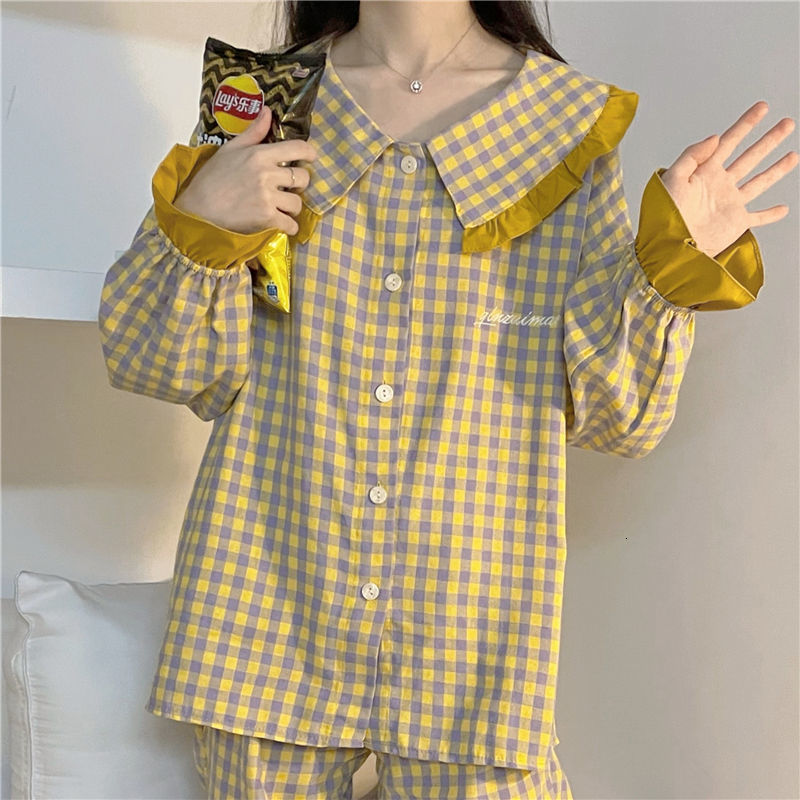 Women's Sleepwear Sweet Plaid Pajama Sets Women Long Sleeve Button Top Elastic Waist Pants Loose Lounge Homewear Cute Autumn Ruffles Pajamas 2pcs