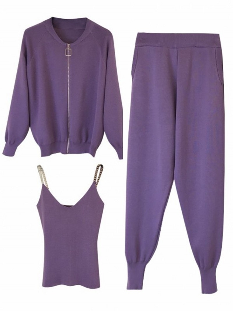 Women's Two Piece Pants Woman Jacket Fashion Women'S Suit Autumn Sweet Temperament Chain Vest Knitted Casual Jacket ThreePiece Elastic Pants