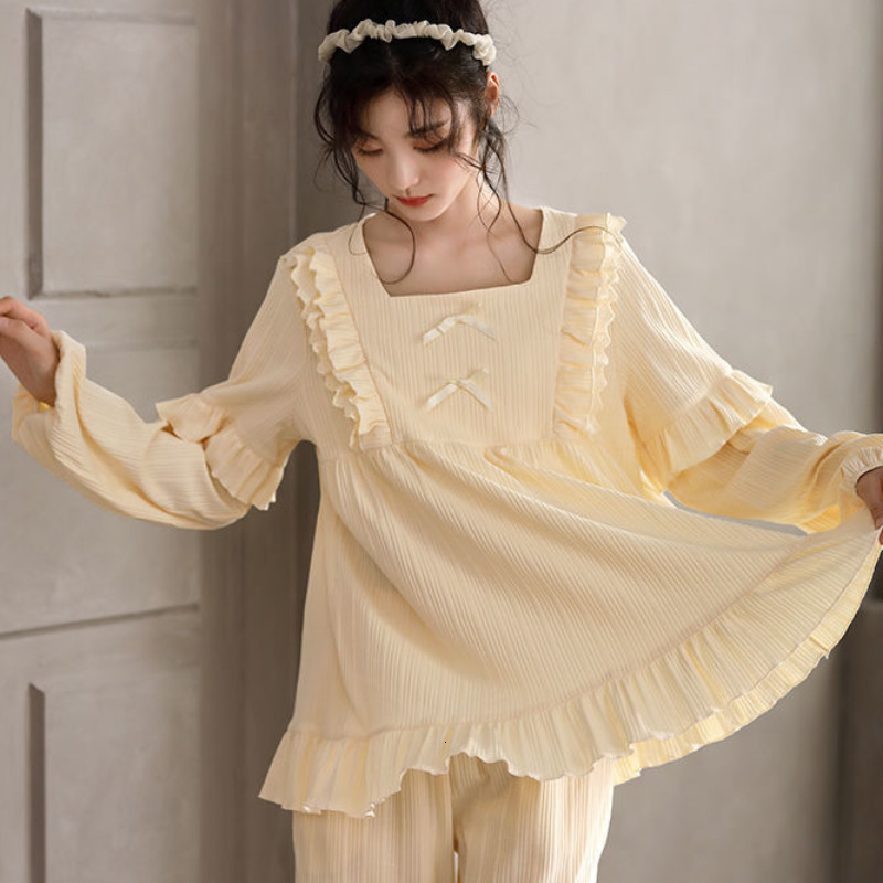 Women's Sleepwear Pajama Sets Women Pure Color Female Fashion Sweet Style Preppy Simple Sleepwear Autumn Basic Lovely Homewear Long Sleeve Mujer 