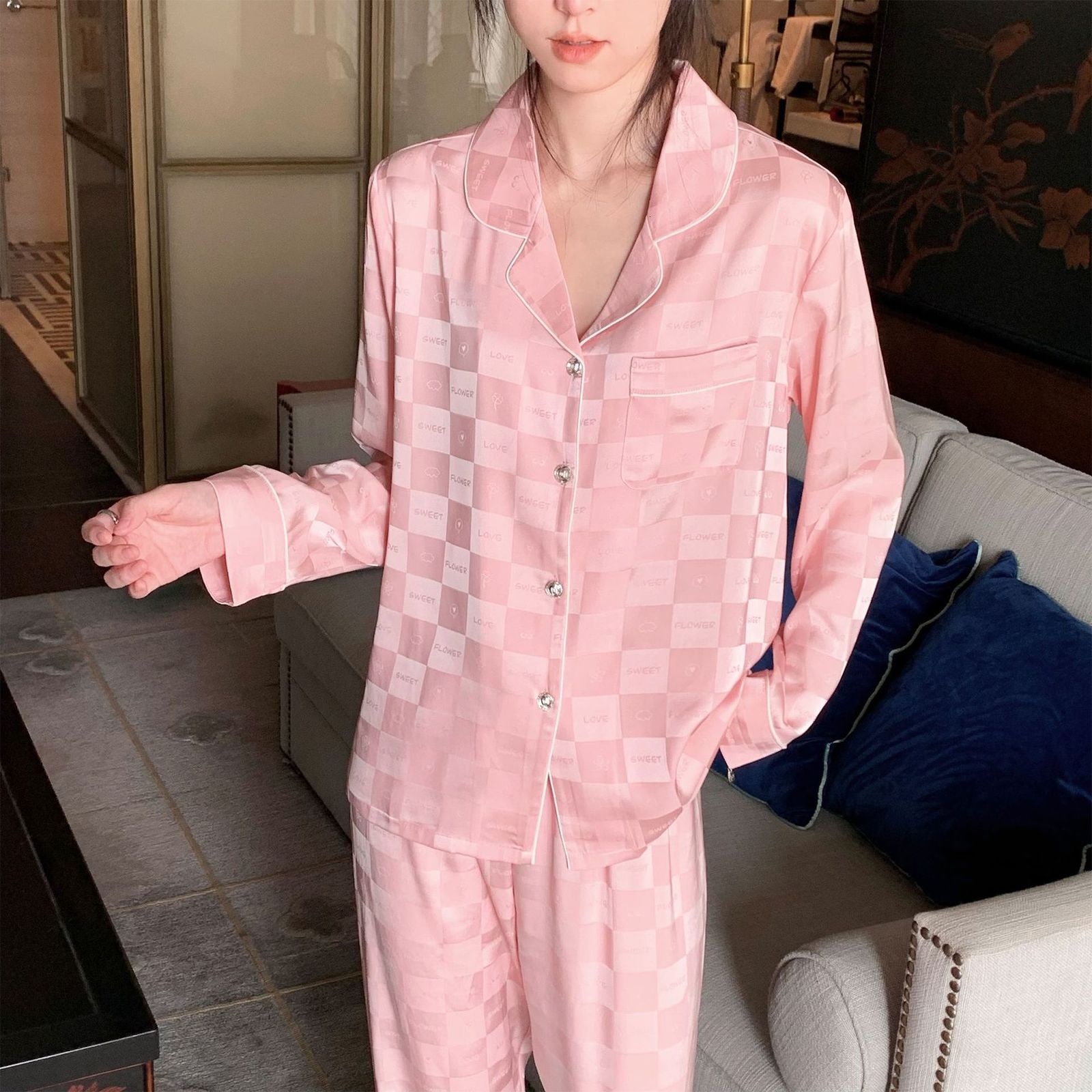 Women's Sleepwear CRLAYDK Spring Women's Long Sleeve Pajamas Set Satin Sleepwear Silk Soft Button Down Loungewear Jacquard Plaid Nightwear 2