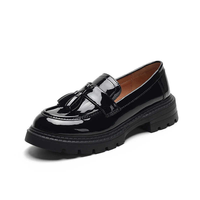 Dress Shoes English Style Low Heel Black Shoes Women Tassel Patent Leather Loafers Shoes For Women