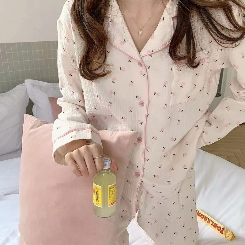 Women's Sleepwear Korean Pajama Mujer Floral Sweet Heart Print Cotton Yarn Sleepwear Set Long Sleeve Cardigan Homewear Skin-Friendly Breathable 2