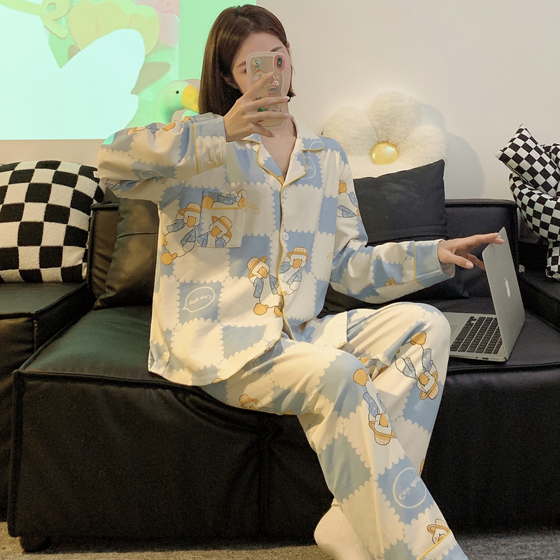 Women's Sleepwear Cotton Pajamas Women Summer Long-sleeved Trousers Two-piece Suit Women's Satin Loose Printed Home Wear Casual Fashion Paja