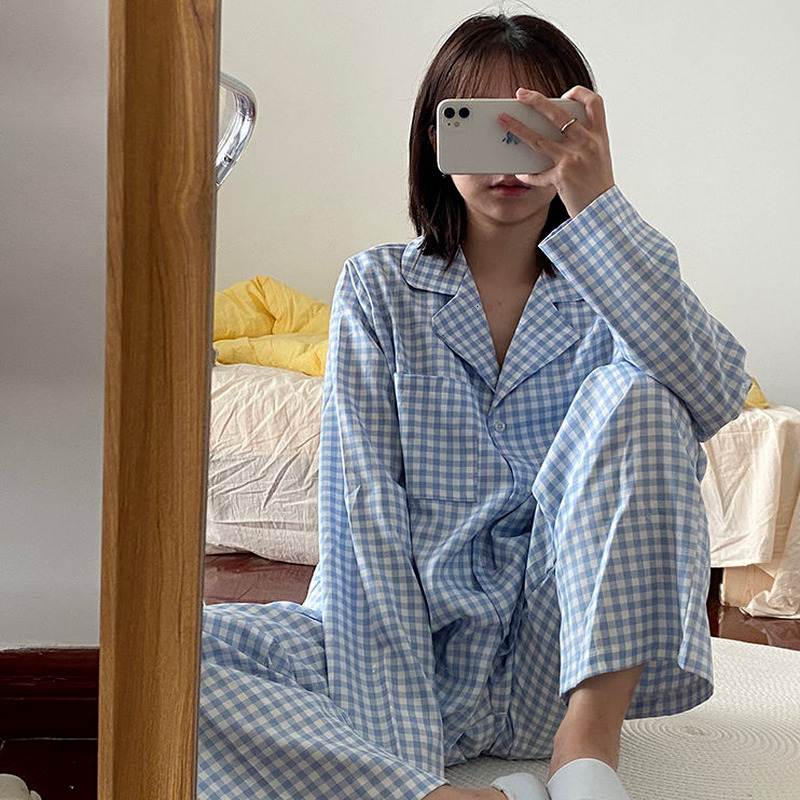 Women's Sleepwear Pajama Sets Women Spring Female Sleepwear Plaid Harajuku Fashion All-match Chic Retro Loose Sweet Preppy Simple Ins 230310
