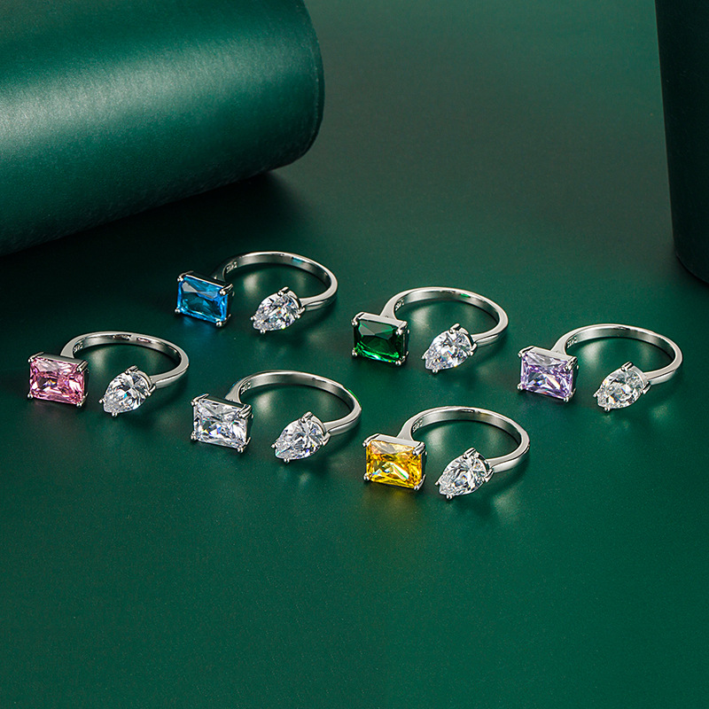 Sterg Sier Adjustable Open Ring with Multi Color Cubic Zirconia Water Drop Design for Women - Bohemian Wedding Band