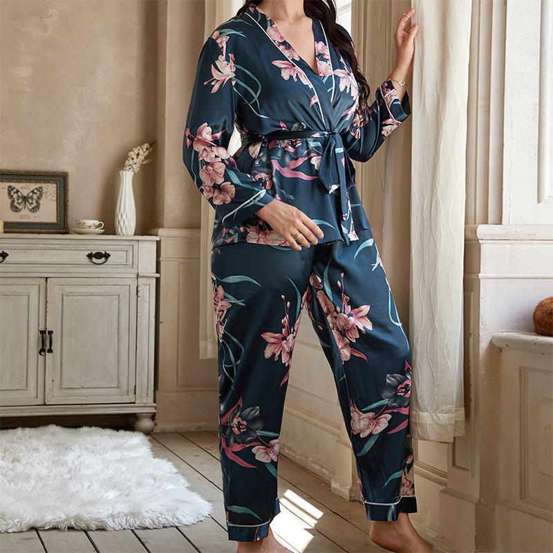 Women's Sleepwear 5xl Large Size Satin Women's Cardigan Printed Robe with Long Trouser Pajamas Set Loose Conjuntos Feminino Elegante Ladies 