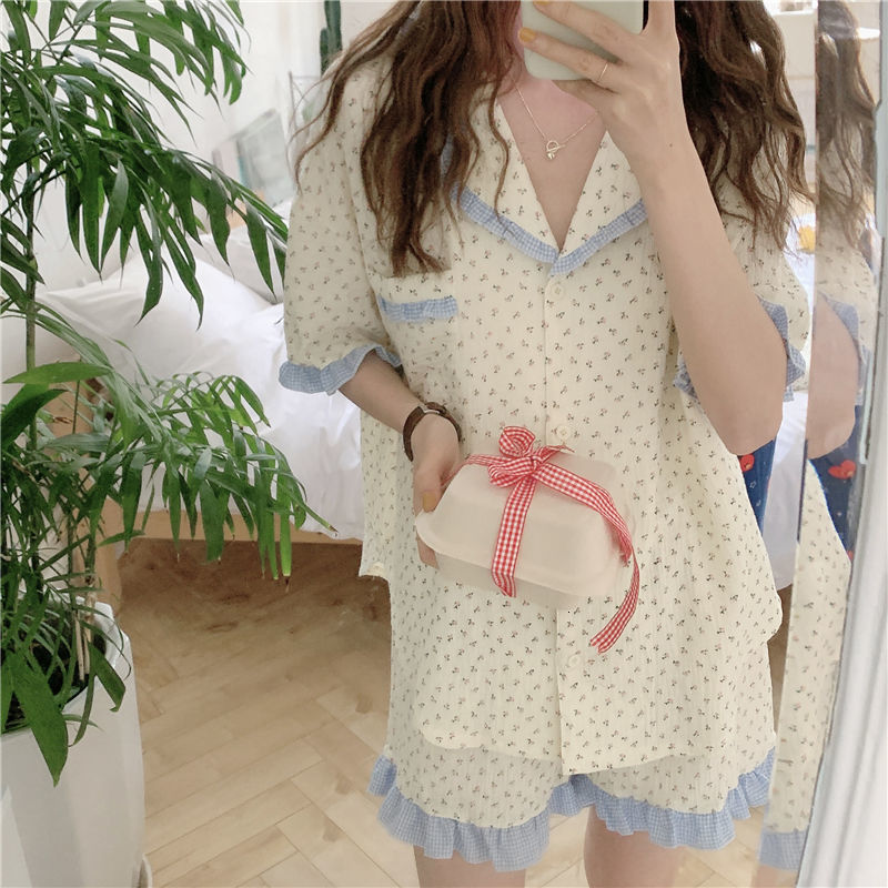 Women's Sleepwear Pajama Sets Women Floral Casual Home Cozy Soft Breathable Kawaii Sweet KChicorean Style Ulzzang Simple Ins Retro Summer Young 2