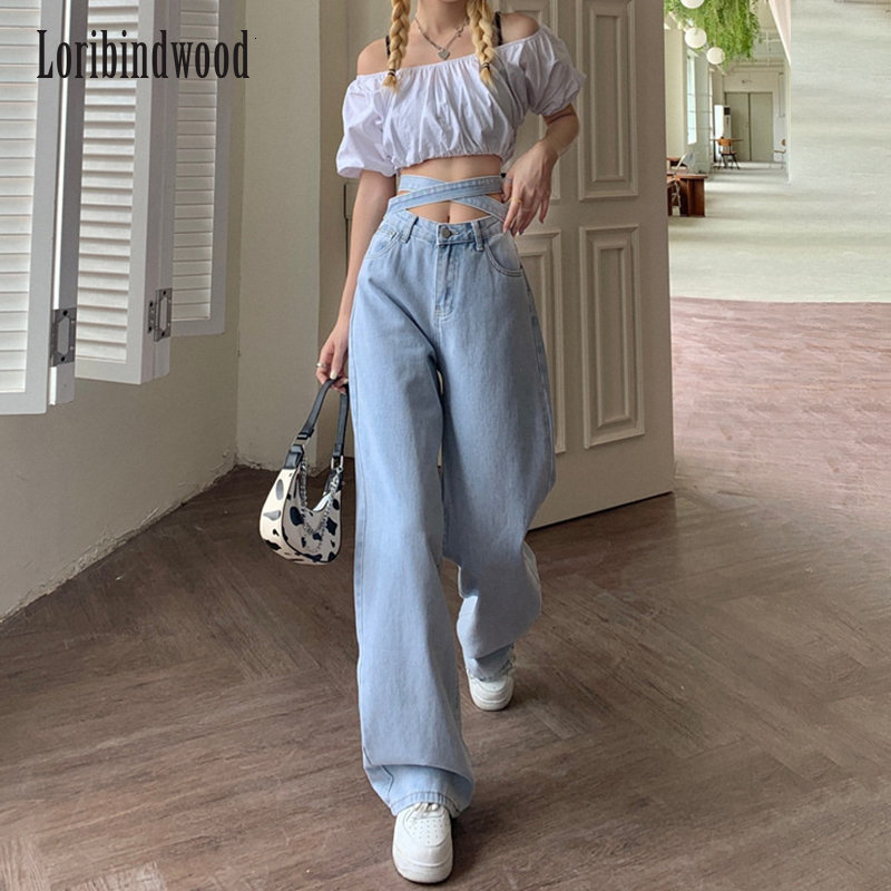 Women's Jeans Denim Trousers Women Sexy Korean Version Retro Small Waist Light Blue Jeans Women's Tie High Waist Loose Casual Wide-Leg Pants