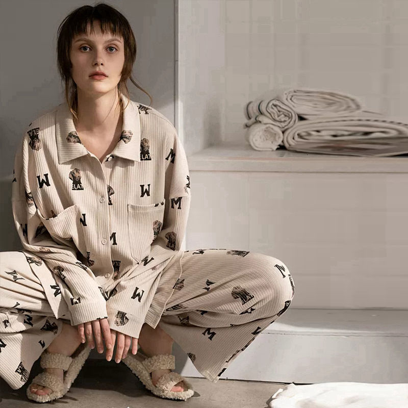 Women's Sleepwear QWEEK Women's Pajamas Bear Print Home Clothes Long Sleeve Autumn Pijamas Feminino Turn Down Collar Sleepwear Soft Nightie 