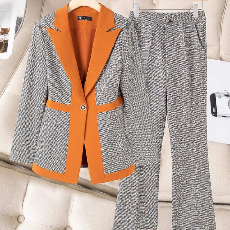 Women's Two Piece Pants est Runway Elegant Sexy Sequin Single Button Plaid Blazer And OL High Waist Flare Business Suits 230310