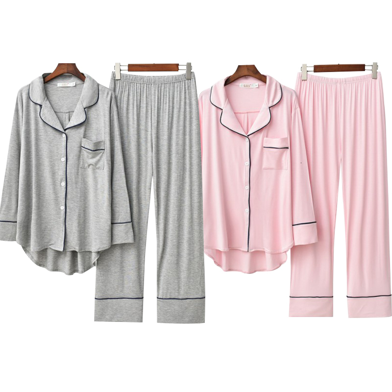 Women's Sleepwear 2PCS Pajama Sets Women Long Sleeve Solid Modal Loose Breathable Soft Lady Suit Womens Korean Style Home Clothing Comfortable 23