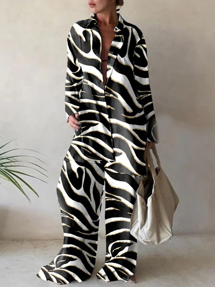 Women's Two Piece Pant Streetwear Sportswear Loose 2PCS Suit Spring Autumn Printing Long Cardigan Top Wide Leg Pants Ladies Outfit Drop 230310