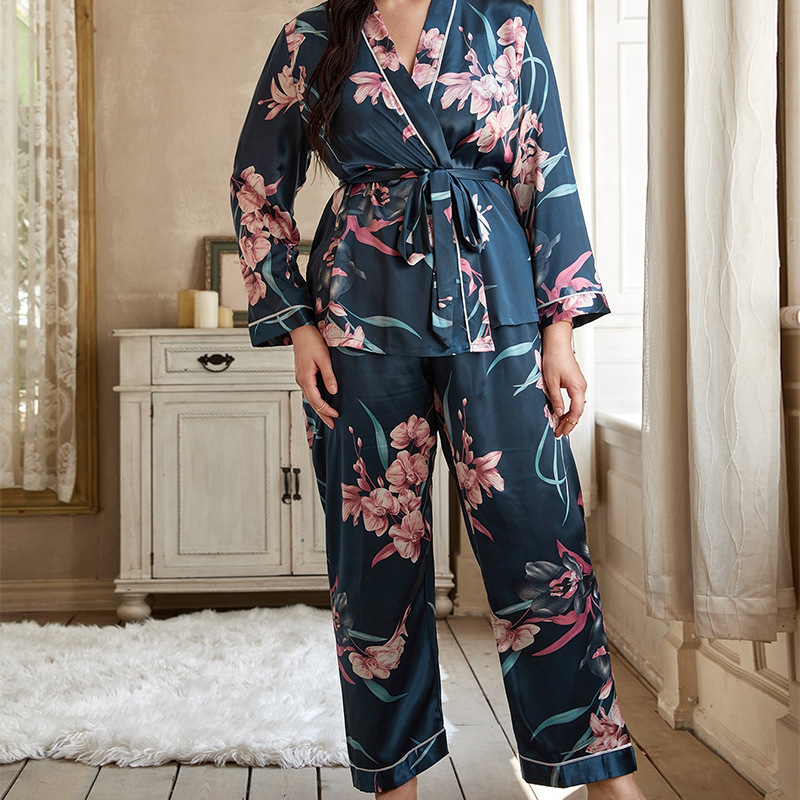 Women's Sleepwear 5xl Large Size Satin Women's Cardigan Printed Robe with Long Trouser Pajamas Set Loose Conjuntos Feminino Elegante Ladies 