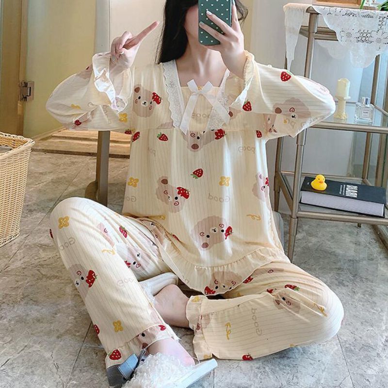 Women's Sleepwear Large Size 5XL 150KG Autumn Pajamas Set Hearted Print Women Pyjamas Sleepwear Pijama Mujer Large Long Sleeve and Pants Homewear