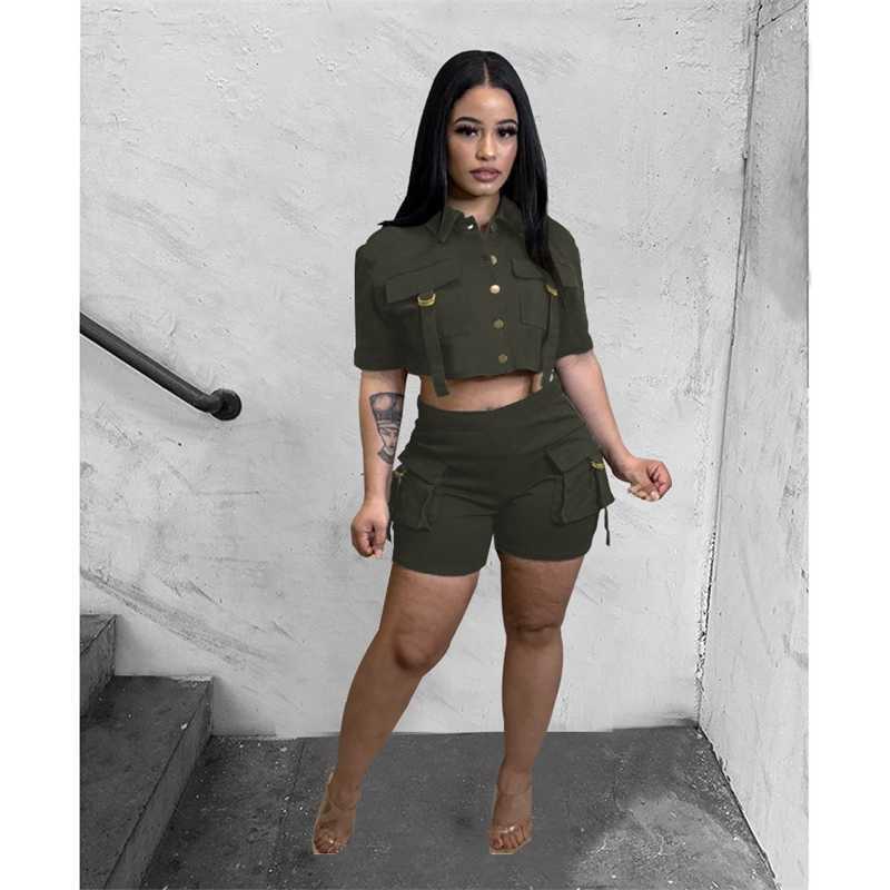 Women Tracksuits Designer Summer Button Multi Pocket Two Piece Set Elastic Short Sleeved Tops And Shorts Outfits 5 Colours