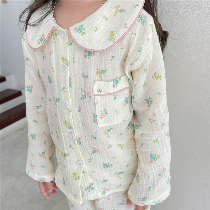 Pajamas Girls Pajamas Kids Spring Long Sleeve Sleepwear Cotton Linen Floral Toddler Kids Clothing Sets Pyjamas 230310